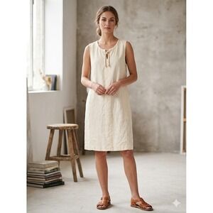 Side Stitch Linen Luxe Cream Sleeveless Shift Dress Rope Tie XL Clean Girl‎